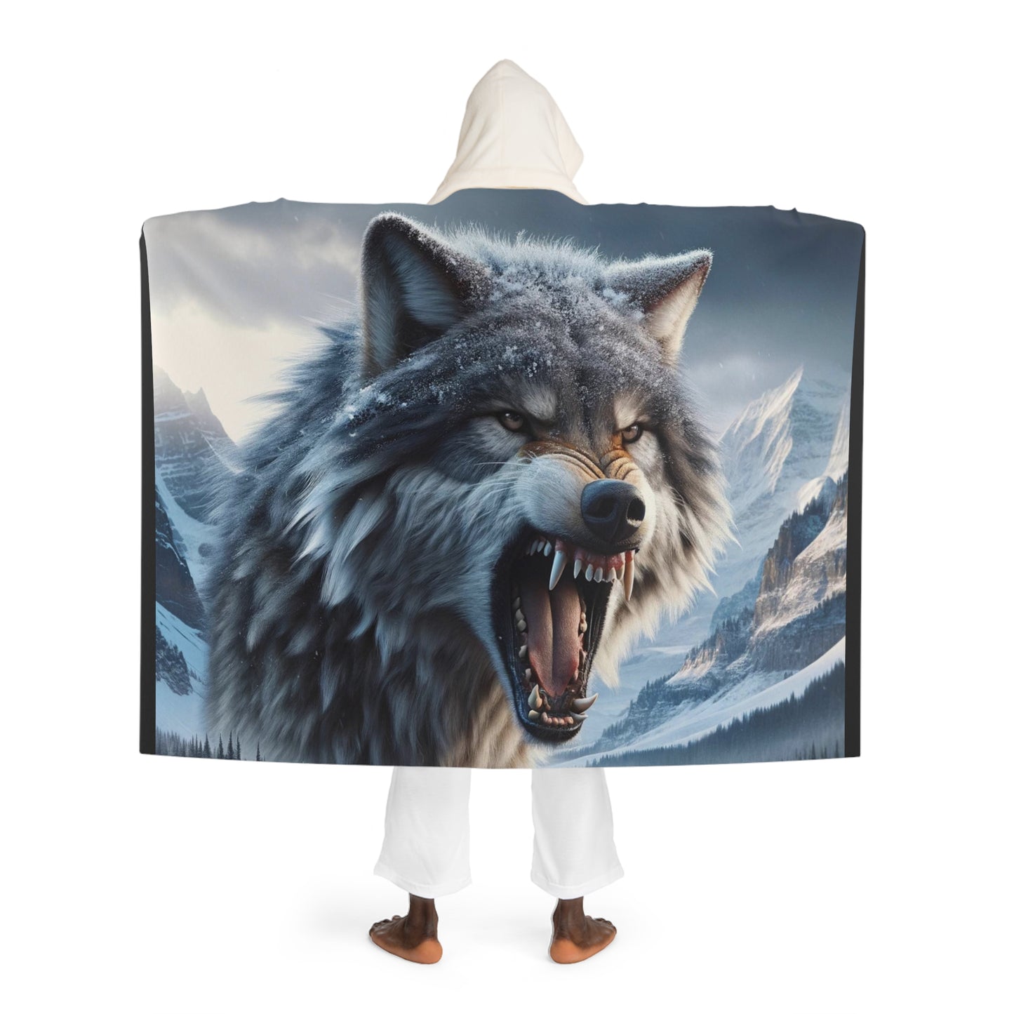 Wolf showing his teeth with mountains in background Hooded Sherpa Fleece Blanket