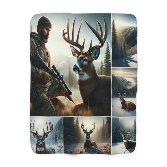 Collage of Deer and man Sitting with his Trophy Sherpa Fleece Blanket