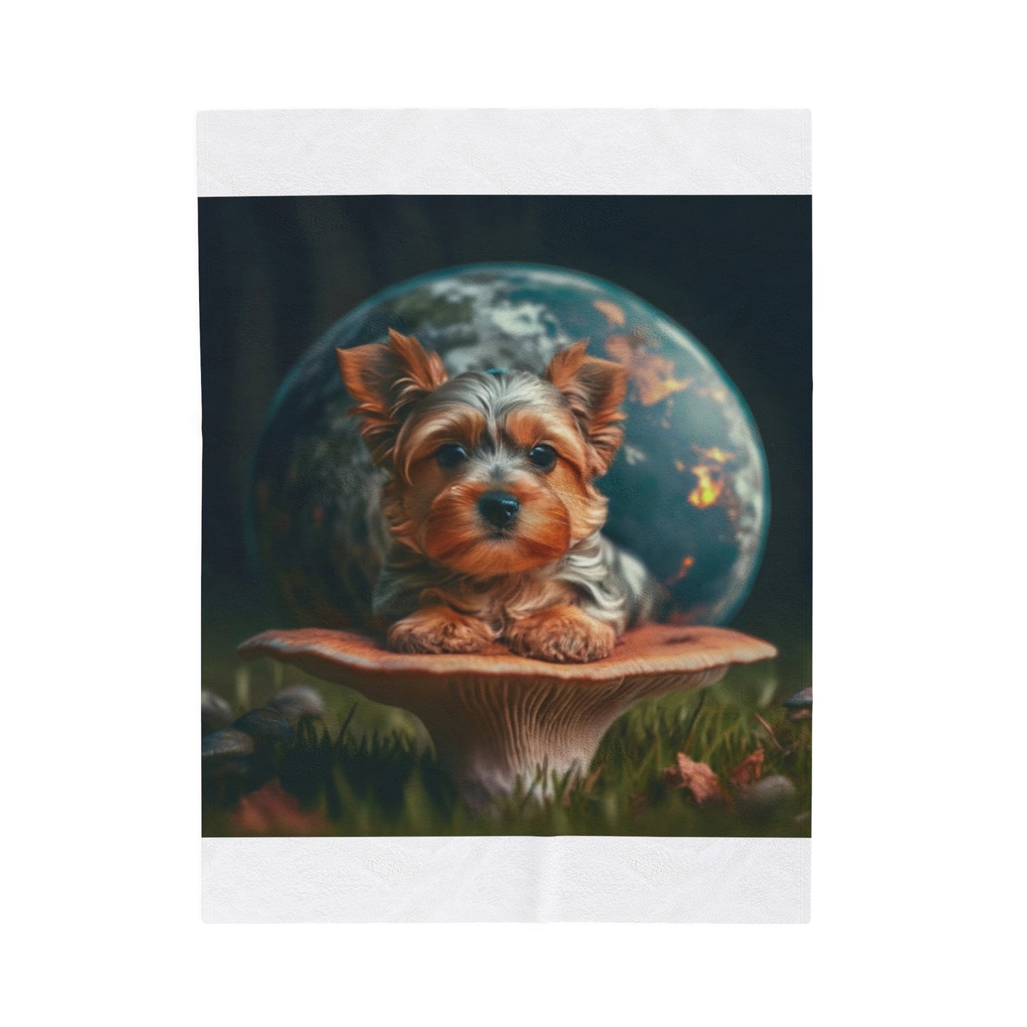 Yorkie Sitting on a Mushroom Velveteen Plush Blanket