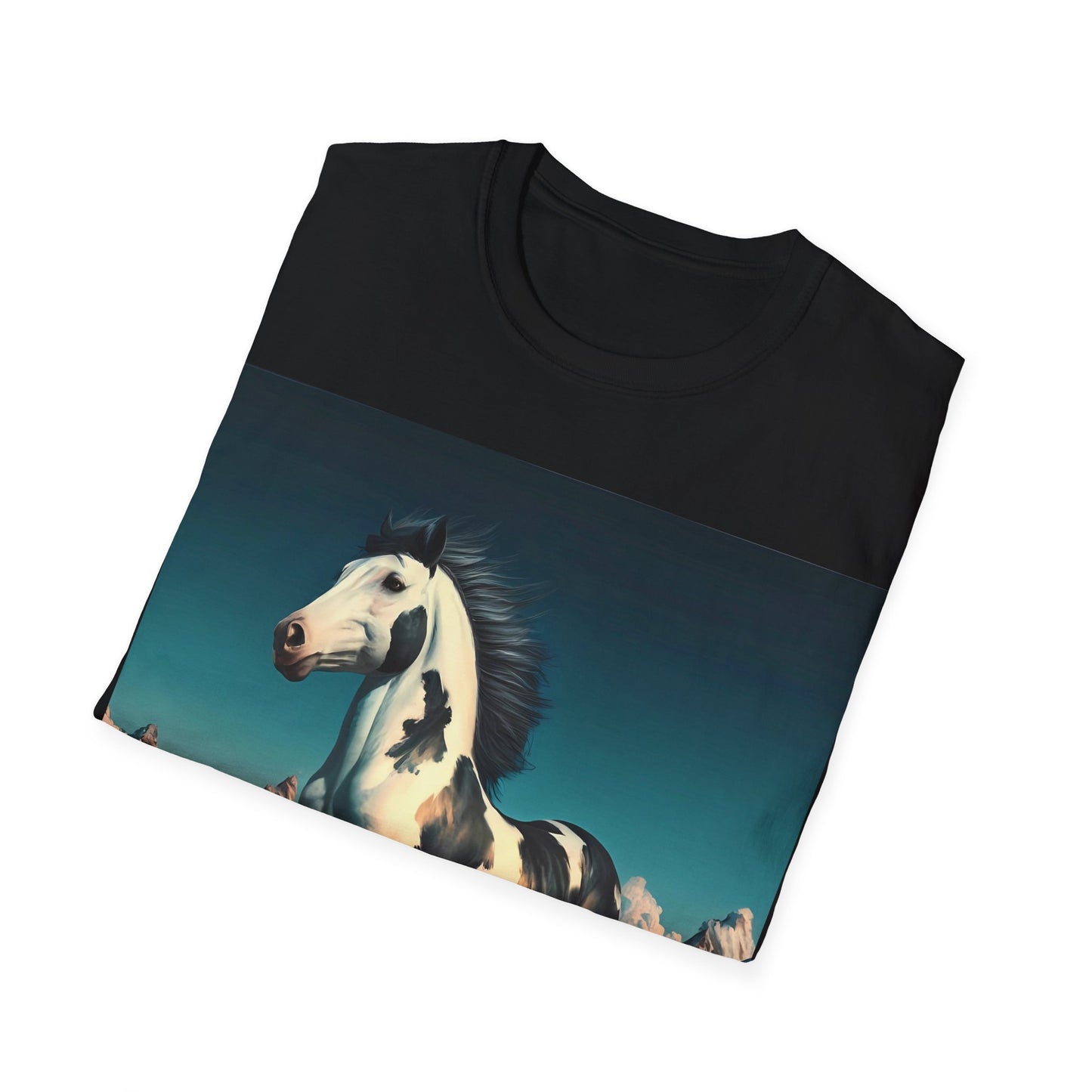 Black and white Stallion Horse standing proud Unisex Softstyle T-Shirt