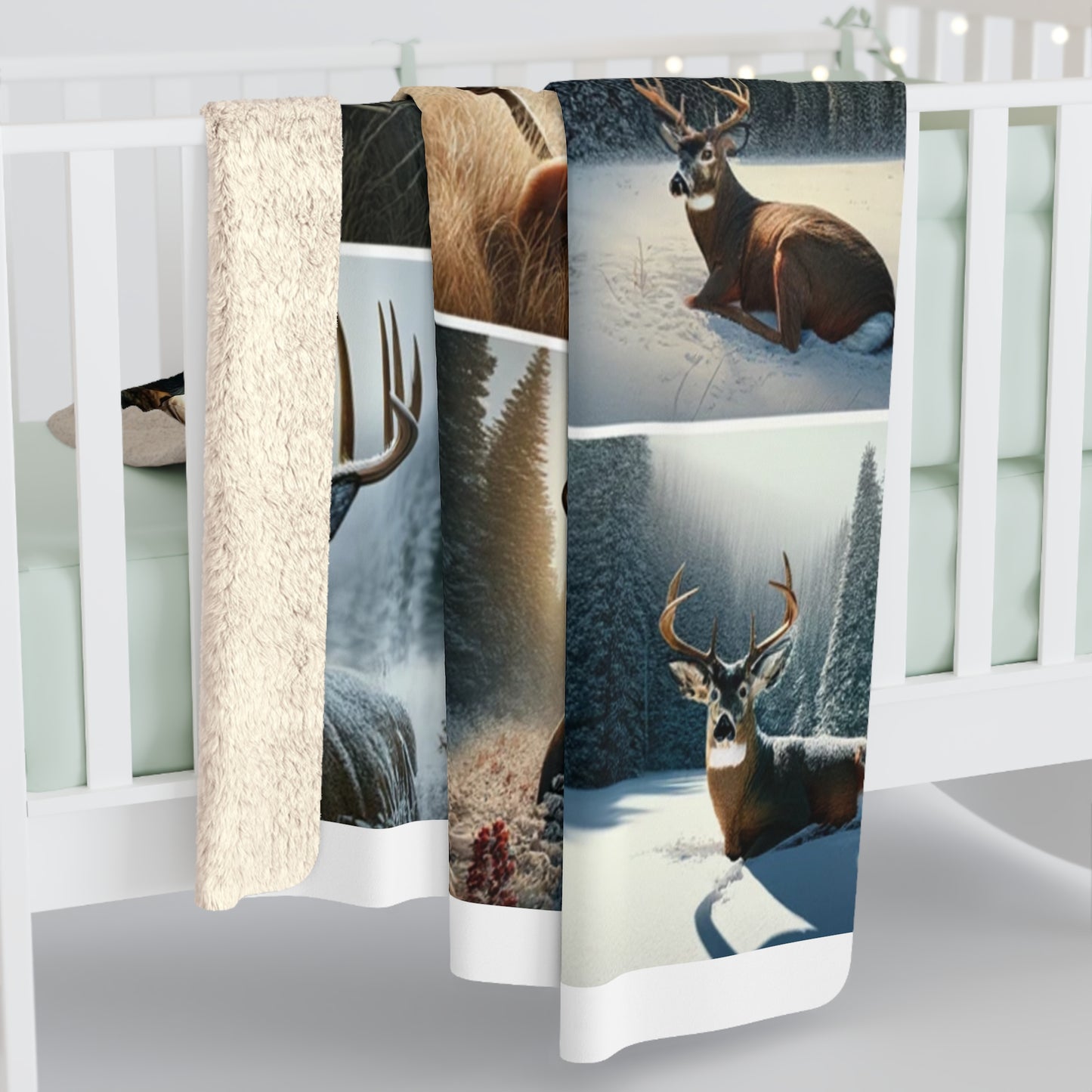 Collage of Deer and man Sitting with his Trophy Sherpa Fleece Blanket