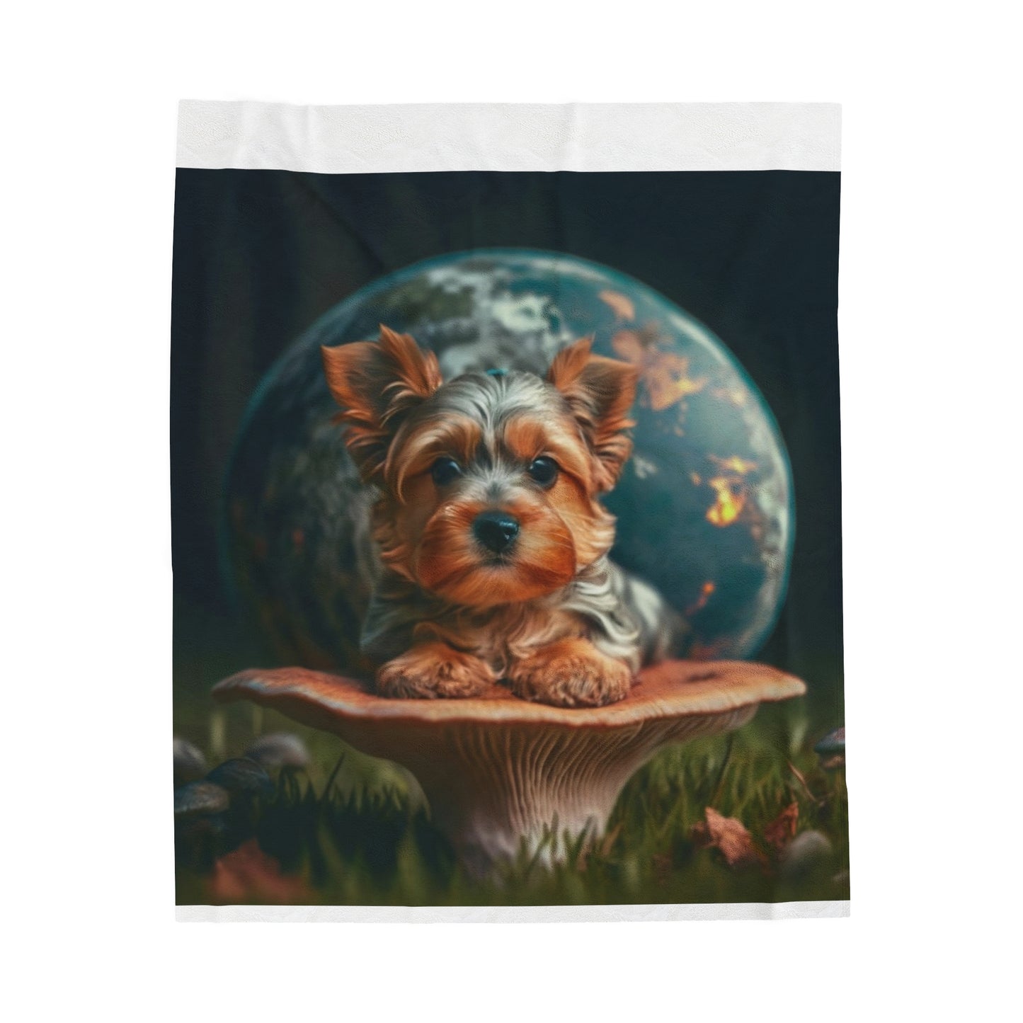 Yorkie Sitting on a Mushroom Velveteen Plush Blanket