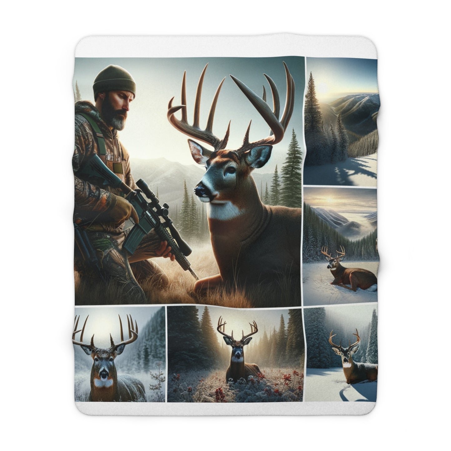 Collage of Deer and man Sitting with his Trophy Sherpa Fleece Blanket