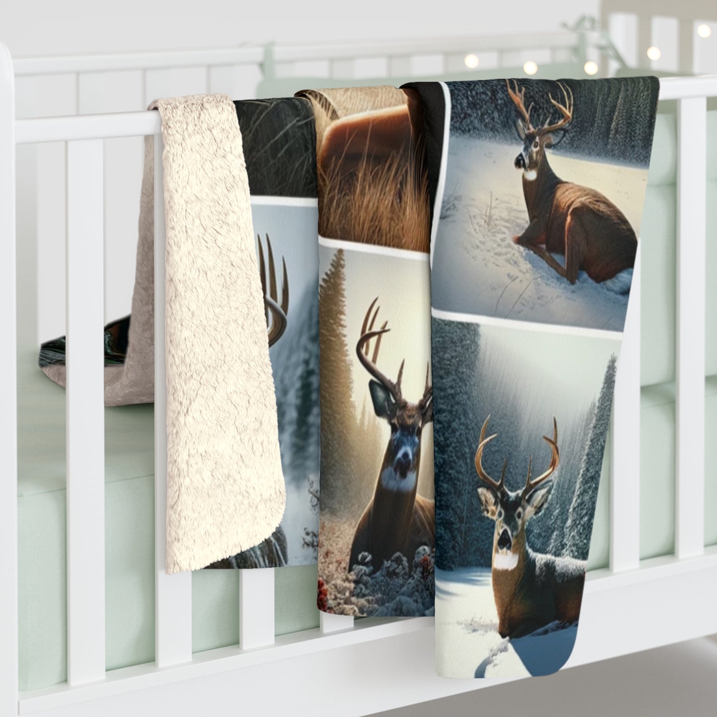 Collage of Deer and man Sitting with his Trophy Sherpa Fleece Blanket